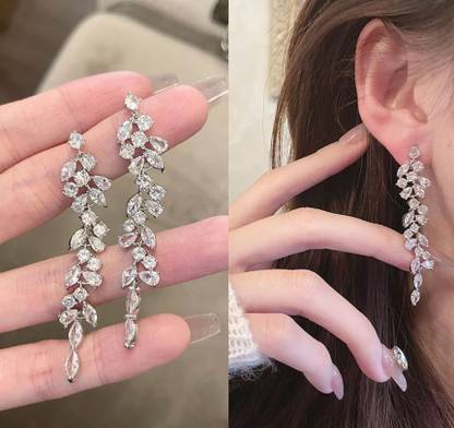BLINGEE Flower Leaves Long Earrings Floral Korean Earrings For Women Western Earring Crystal, Cubic Zirconia, Diamond Alloy Earring Set, Tassel Earring, Drops & Danglers, Jhumki Earring