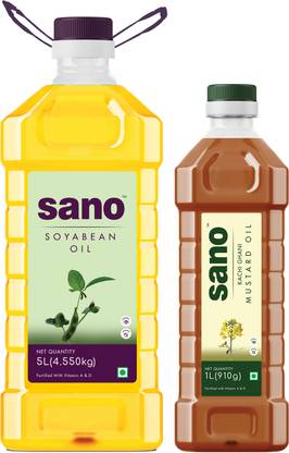 Sano Pure & Fresh Kachi Ghani Mustard Oil - 1 Ltr and Soyabean Oil 5 Ltr Mustard Oil PET Bottle