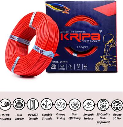 kripa FAB 2.5 sqmm|FR PVC|Copper insulated |Lite Single Core| House Ftting Wire 10 No. 2.5 sq/mm Red 91 m Wire