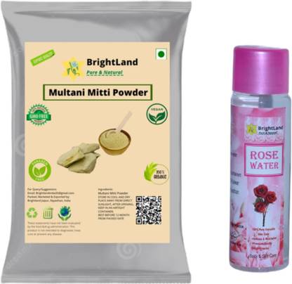 Brightland 100% Pure Multani mitti with Rose water( 60 ml Rose water & 50gm Multani Mitti)