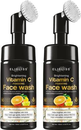 ELIBLISS Natural Vitamin C Foaming For Pimple Prone & Oily Skin - No Parabens, Sulphate, Silicones (with Built-in Brush) Pack Of 2 Face Wash