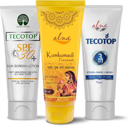 ALNA Tecotop Spf 30 + Kumkumadi + Tecotop 3 in1 | For Clear & Glowing Skin | Face Wash