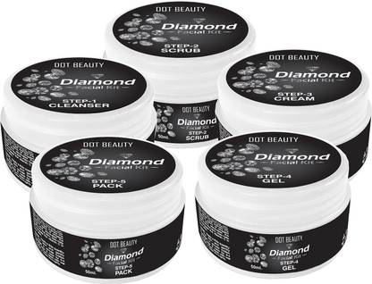 डॉट ब्यूटी डायमंड फेशियल किट -क्लीनसर स्क्रब क्रीम जेल पैक फेशियल किट (5 x 50 g) 250 g