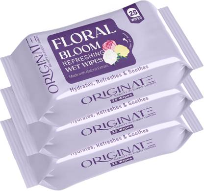 ORIGINATE Floral Bloom Refreshing Wet Wipes for Easy Makeup, Excess Oil Removal-Pack of 3