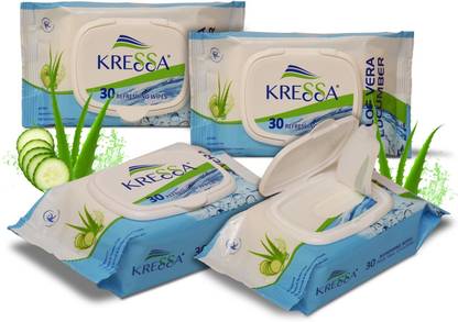 KRESSA Wet Wipes Aloe Vera Cucumber Pack Of 4 Total 120 Wipes PH Balanced