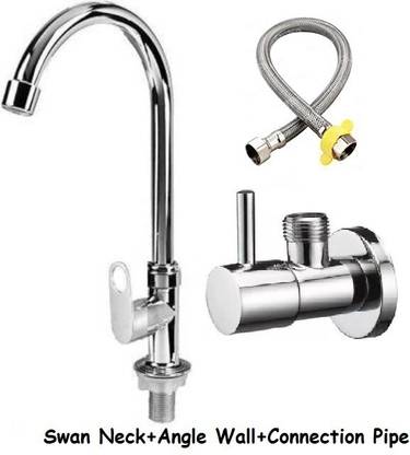 Senkiddpro by Senkiddpro Swan Neck with Angle Wall & Connection pipe Chrome Finish for Sink/washbasin Trendy Design water Saving Aerator Suitable for Washbasin,Sink,Bathroom &Kitchen Bib Tap Faucet