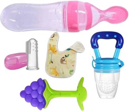Kidsy Zilla Baby fruit nibbler, teether, finger brush, bib & spoon feeder for feedingTeether