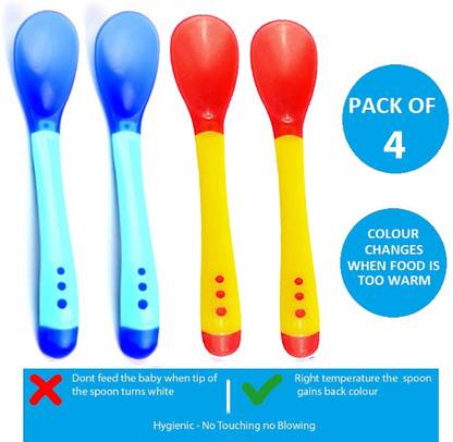 Mopslik Baby Temperature Sensing Silicone Tip Spoons - Pack Of 4 Yellow Blue  - Plastic