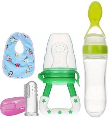 Saraswati kart Baby fruit nibbler, finger brush, bibs & spoon feeder for feeding silicone combo