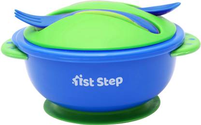 1st Step Baby Feeding Bowl with Lid, Suction Base, Spoon & Fork Cutlery Set  - Food Grade Plastic