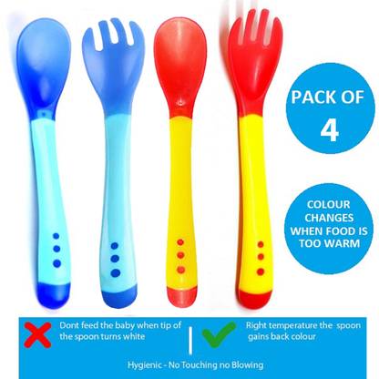Mopslik Baby Temperature Sensing Silicone Tip Spoon Fork - Pack Of 4 Blue Yellow  - Plastic