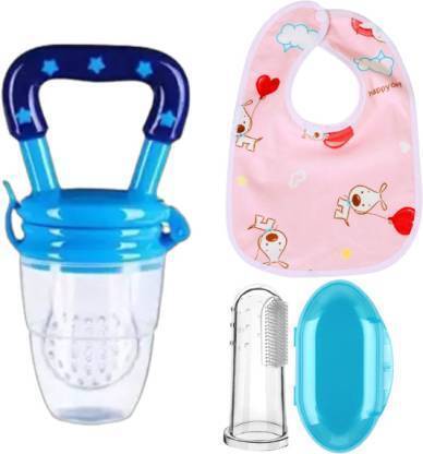 Saraswati kart Baby fruit nibbler, finger brush & bib for feeding Silicone Combo (Pack 3)