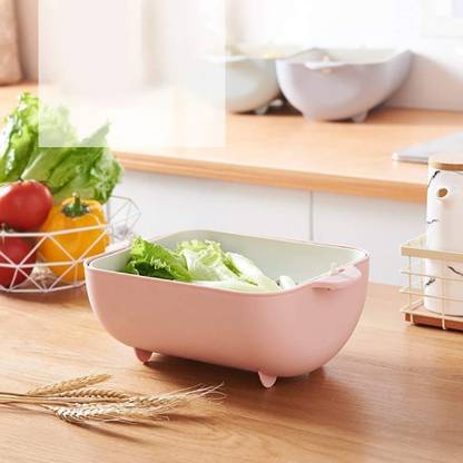 Oblivion Multifunctional BPA Free Double Layered Plastic Rotatable Strainer Bowl with Handles Plastic Fruit & Vegetable Basket