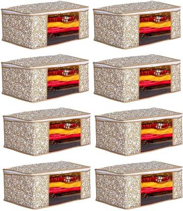 Sameer Enterprises 8 pcs Non Woven Saree Cover/Clothes Organiser For Wardrobe Set Storage Bag with Front View Transparent Window And Zip For Lehenga, Suit, Dress, (Wedding Collection Gift) Premium Qulaity Garment Organizer Pack of 8, Beige