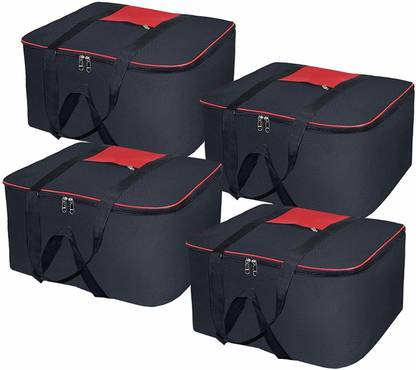 justsmartkart Multi Purpose Underbed Foldable Storage Bag with Zipper Closure and Strong Handle(Nylon).Clothes Storage Organizer /Blanket Cover (Black Mix Red),Pack of 4
