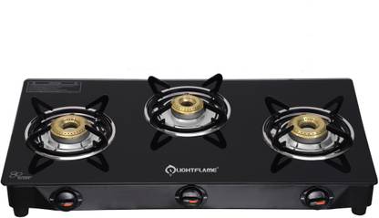 LIGHTFLAME 3 Burner Smart ISI Certified Toughened Glass With 1 Year Warranty Glass Manual Gas Stove