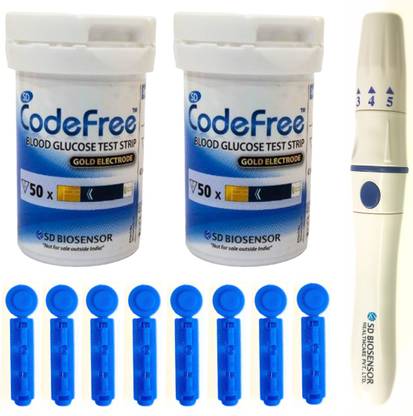 SD CODEFREE BLOOD GLUCOSE TEST STRIPS WITH 100 ROUND LANCET & 1 LANCING DEVICE - 100 Glucometer Strips