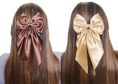 Rhosyn Big Satin Layer Long Bow Hair Clip For Women Girls (Brown.Beige) Hair Clip