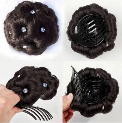 Clubry COMBO Flower Shape Clip Bun Extension/Juda Puff Extension Clutter Attached stone Hair Extension