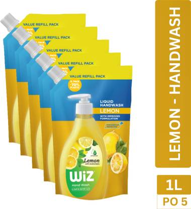 Wiz Lemon Hand Wash Refill Pouch - 1L (Pack of 5) | pH Balanced | 70% Less Plastic Hand Wash Pouch