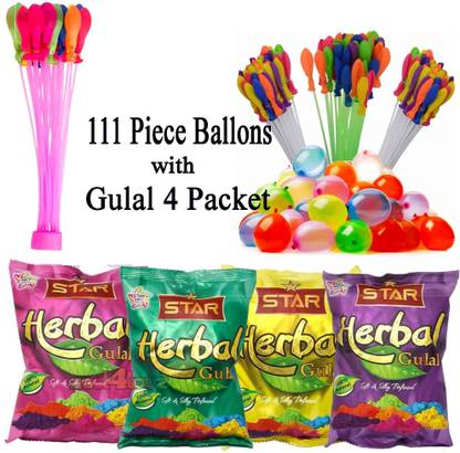 navjai Water Ballon Bunch of 111Pcs with 4Packet Holi Color Gulal Auto Fill & Non Toxic Holi Color Powder Pack of 1