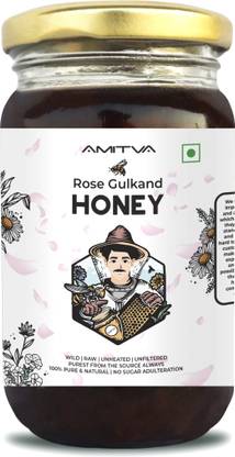 AMITVA Rose Gulkand Honey with 100% Raw Wild Forest Honey , Zero Added Sugar - 250gms