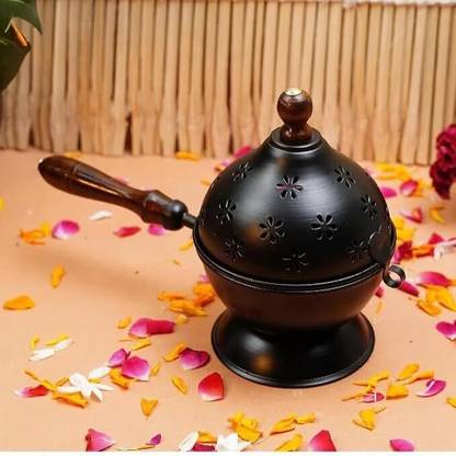 S H COLLECTIONS Dhoop Dani Dhuni Loban Burner,Charcoal Incense Burner,Wooden Handle for Puja Cast Iron Incense Holder