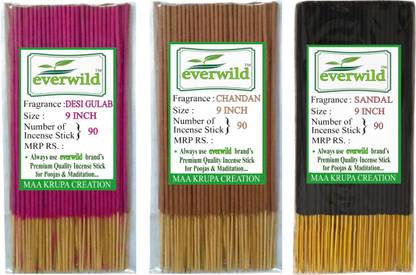 everwild 90x3=270STICK PREMIUM QUALITY INCENSE STICK agarbatti for pooja & maditation DESI GULAB, CHANDAN, SANDAL