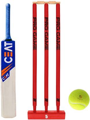 Pro Game Cricket Kit -1Bat 3Wickets 2Bails 1Base 1Ball (Size 5 For 8-13Yr) Cricket Kit