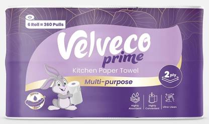 Velvecoprime Velveco Prime Kitchen Towel Roll 6 Pack, 2 Ply Tissue Paper Roll, 360 Pulls
