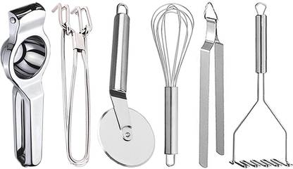 DreamBasket Lemon Squeezer & Pakkad & Pizza Cutter & Egg Whisk & Chimta & Potato Masher Kitchen Tool Set