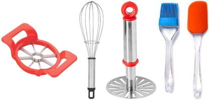 OMORTEX Steel Whisk & Masher and Silicon Spatula Brush (Pack Of 5) Kitchen Tool Set