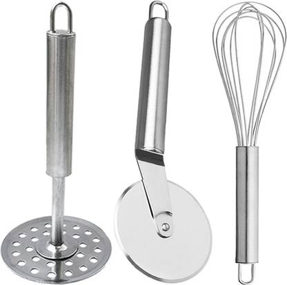 OC9 Stainless Steel Wheel Pizza Cutter & Vegetable Masher / Pav Bhaji Masher / Potato Masher & Whisk / Egg Beater / Egg Whisker Kitchen Tool Set