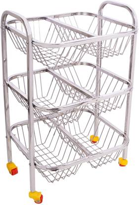 DHSVS Stainless Steel Square Fruit & Vegetable Basket Trolley 360 Rotational Wheels Stainless Steel Kitchen Trolley