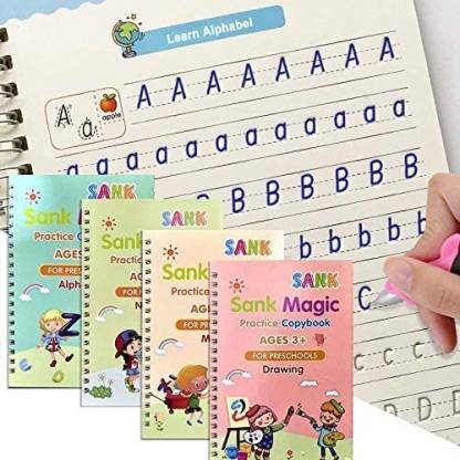 Magic Book For Kids With Pen | Handwriting Practice Copy Book For Preschoolers | Includes Alphabets, Number Tracing, Maths And Drawing Book | Magic Calligraphy Copybook Set Of 4 Books