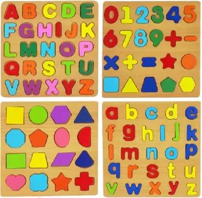Rainbowstore Wooden Puzzles for Toddlers, Alphabet Numbers Shapes 4 Sets Puzzle Board
