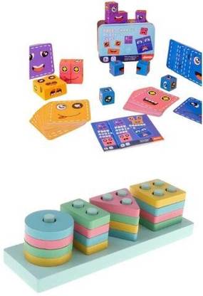 Little Mind Emoji Cube face Change Game for Kids With Wooden 4 Angle Geometric Blocks