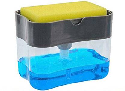 Powaforce 2 in 1 Soap Pump Plastic Dispenser for Dishwasher Liquid; Holder (Random Colour; Standard; 385ml) Free Sponge 350 ml Liquid, Gel, Soap Dispenser