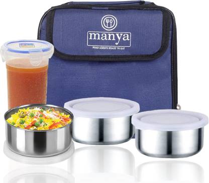 Manya Tiffin Lunchbox with Zipped Thermal Pouch Bag Return Gifts 4 Containers Lunch Box
