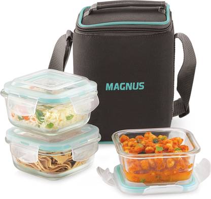 Magnus Vivid Solid Glass Lunch Box with Fixed Clip and Pouch 3 Containers Lunch Box