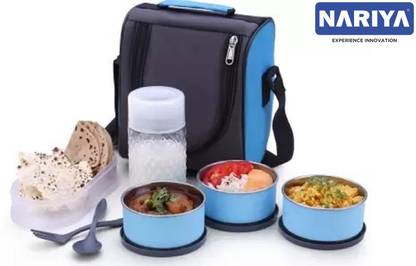 nariya STAINLESS STEEL CONTAINER TIFFIN IN BLUE COLOR LEAK-PROOF LUNCHBOX WITH BOTTLE 3 Containers Lunch Box