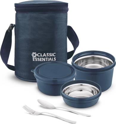 Classic Essentials Microwave Safe Stainless Steel | Insulated Fabric Bag | Leak Proof 3 Containers Stainless Steel Office Lunch Box