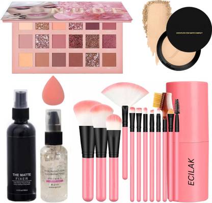 ECILAK Nude Eye Shadow Palette,12 Pcs Brush, Fixer, Primer, Face Powder, Puff