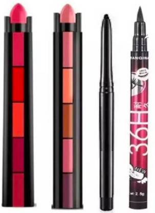 RVLIPS 5 In 1 Matte Finish 5Sh Lipstick Red Edition An, 36 H Deep Black Kajal
