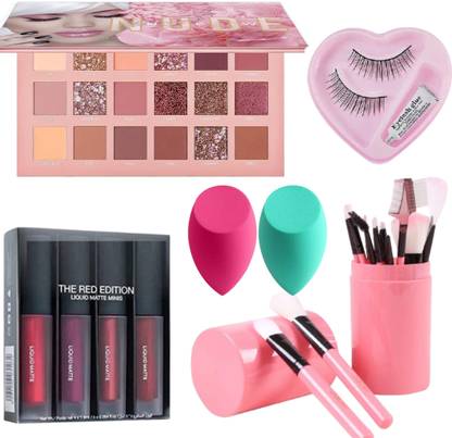 ECILAK Makeup Nude Eye Shadow Palette, 2 Puff, 4in1 Lipstick, 12 Pcs Brush set, eyelash