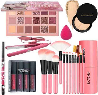 ECILAK Nude Eyeshadow, 12Pcs Brush, 4in1 Lipstick, 36H,Powder, Hair straightener,Puff