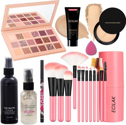 ECILAK Nude Eye Shadow Palette,12 Pcs Brush, Fixer, Primer, Powder, Puff,36H,Foundation