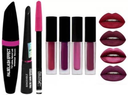 FRIPPE 3in1 Eyeliner, Mascara, Eyebrow Pencil & 4 Pcs Pink Mini Long Lasting Lipstick