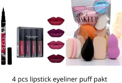 grasp Makeup Combo set of 4 Lipsticks, 6Pcs Sponge puff, Yanqina Eyeliner
