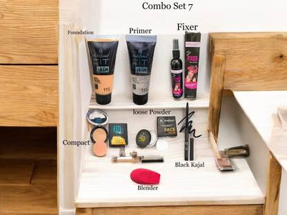 HUDA QUEEN Combo Kit Pack Of 7 Primer,Fixer,Foundation,Blender,Kajal,Compact,Loose Powder